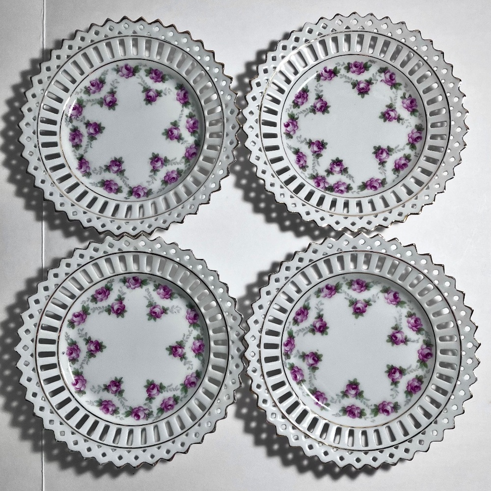 4 Vintage GERMANY PIERCED PLATES / Transfer Print Pink Roses / Reticulated Rare